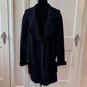 Cynthia Rowley Black Wool Coat with Embroidered Details Size 2X no belt